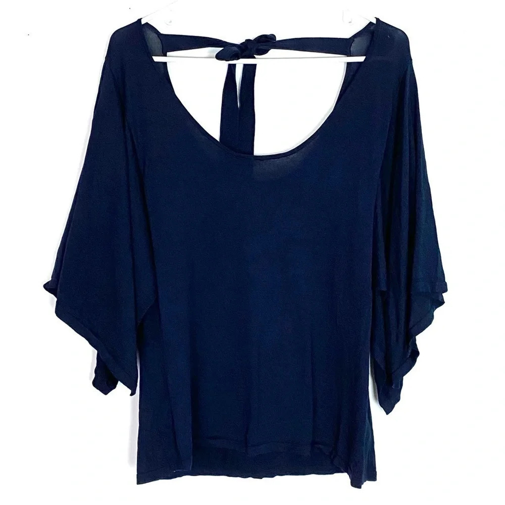 LEWIT Sweater Womens Size XL Tie Open Back Pullover Navy Blue Flutter Sleeve